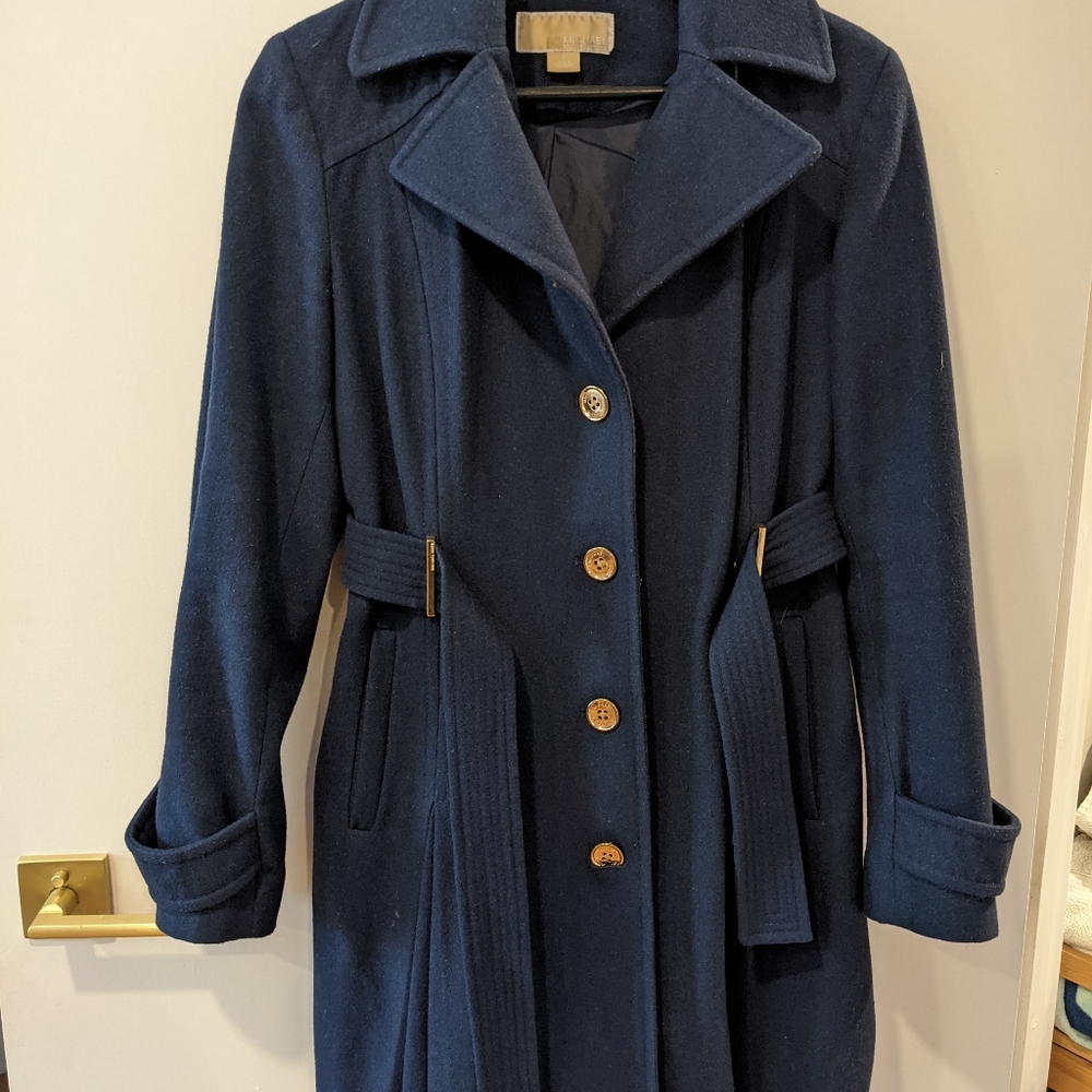 Dark blue navy Michael Kors wool blend coat with belt tie